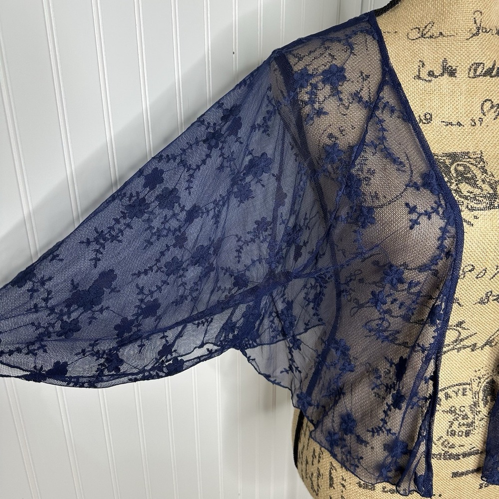 Pinky Sheer Mesh Floral Cardigan Sz L Blue Batwing Sleeve Lace Whimsigoth Witchy